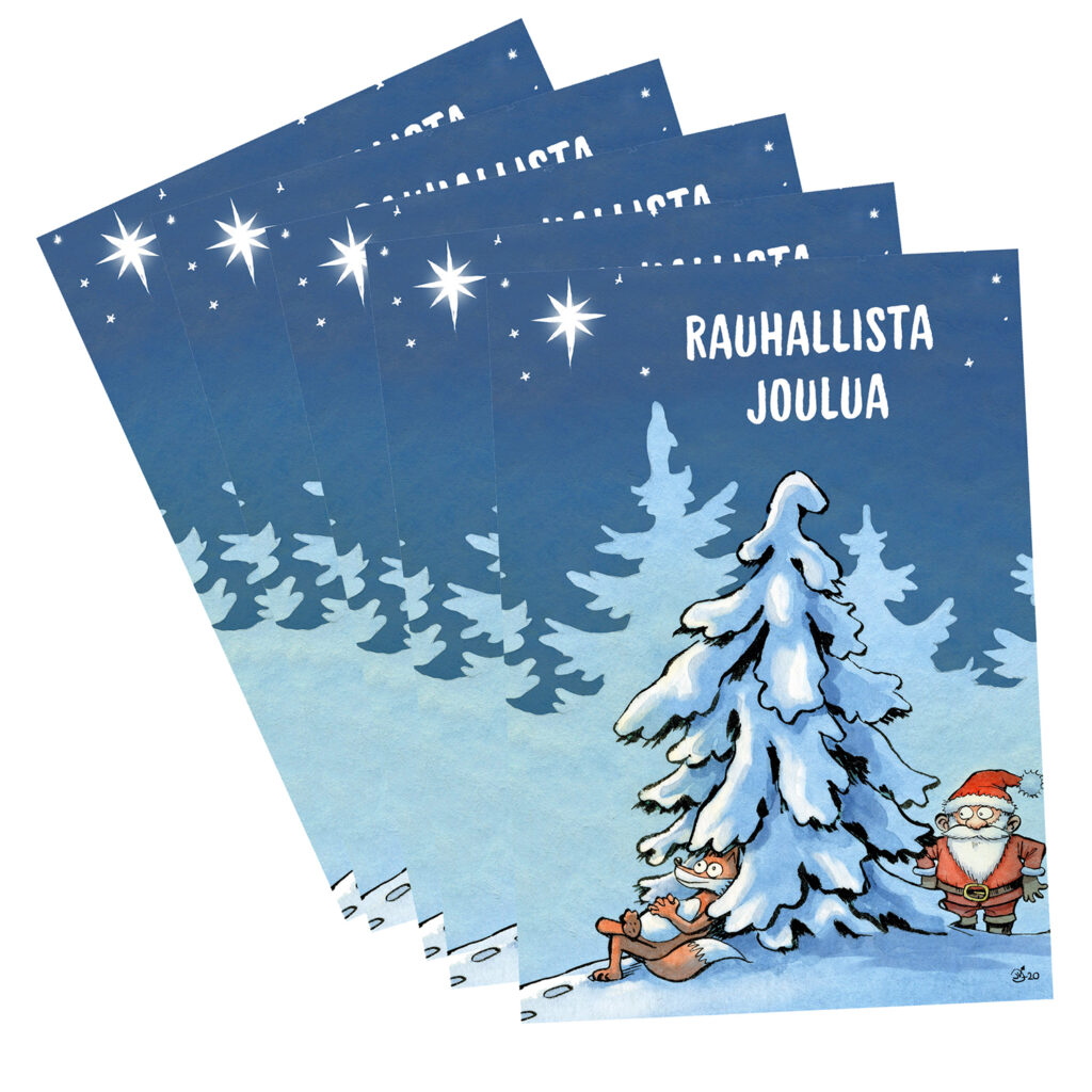 kamala-luonto-joulukortti-kettu-ja-tonttu-rauhallista-joulua-5-kpl